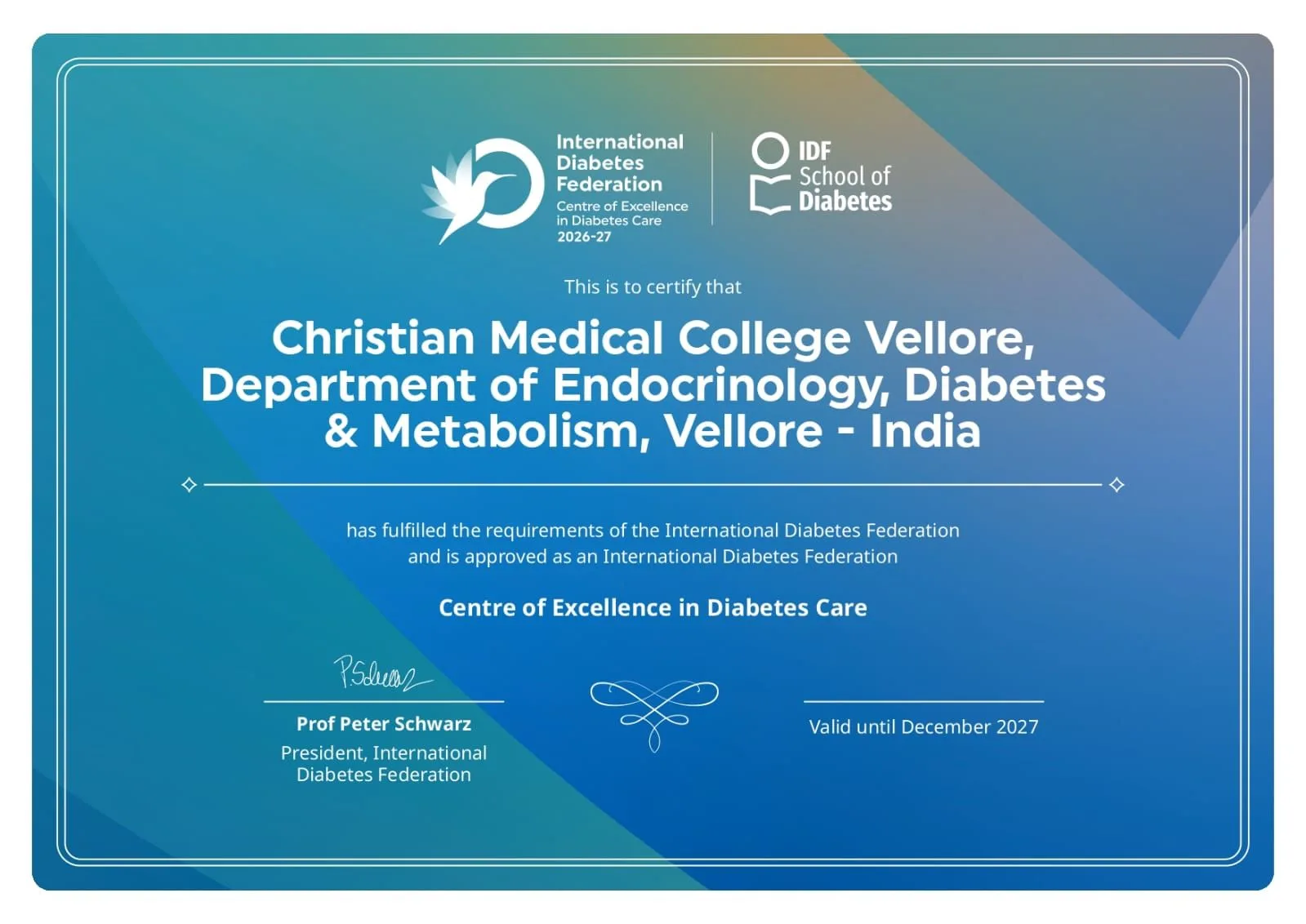 IDF Centre of Excellence in Diabetes Care Award – CMC Vellore